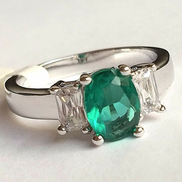 Silver Emerald Cocktail Ring Size 10 Green Cubic Zirconia Simulated Plated - Picture 7 of 11